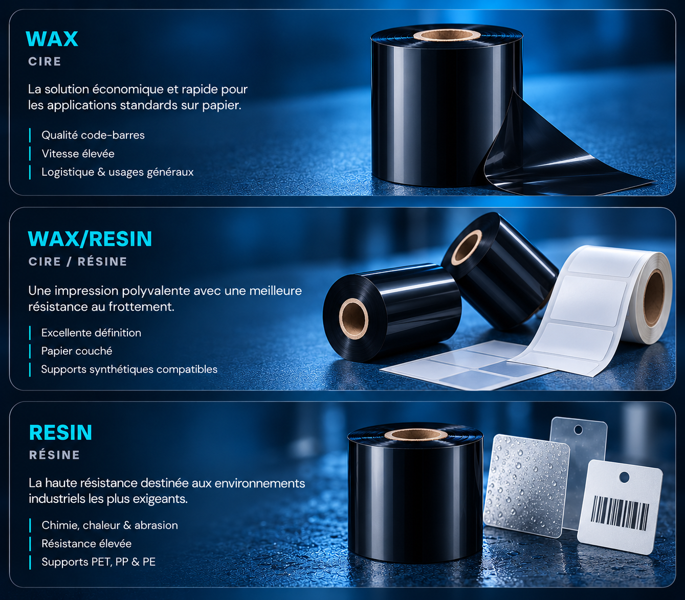 Comparatif des rubans transfert thermique WAX, WAX/RESIN et RESIN